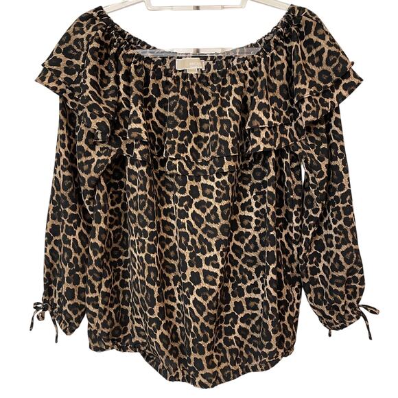 MICHAEL MICHAEL KORS Brown, Black and Tan Animal Print Blouse Size L NWOT - Picture 2 of 6